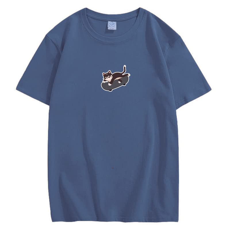 CORIRESHA Unisex Kawaii Ropa Cuello Redondo Manga Corta Lindo Monopatín Gato Camiseta Suelta