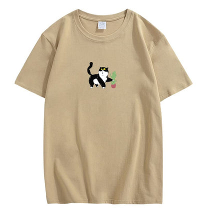 CORIRESHA Cute Cat and Cactus Summer Short Sleeve Crewneck Loose Cozy Teen T-Shirt