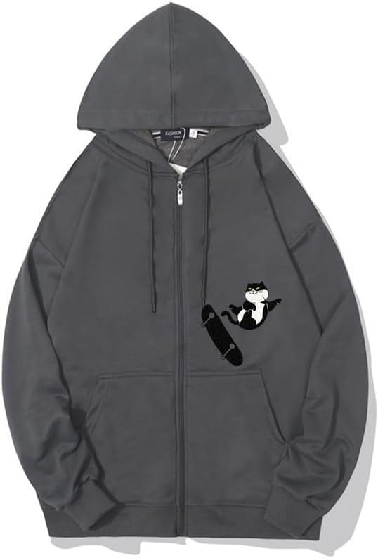 CORIRESHA Teens Cat Lovers Zip Hoodie Casual Drawstring Cute Skateboard Sweatshirt