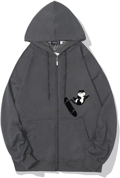 CORIRESHA Teens Cat Lovers Zip Hoodie Casual Drawstring Cute Skateboard Sweatshirt