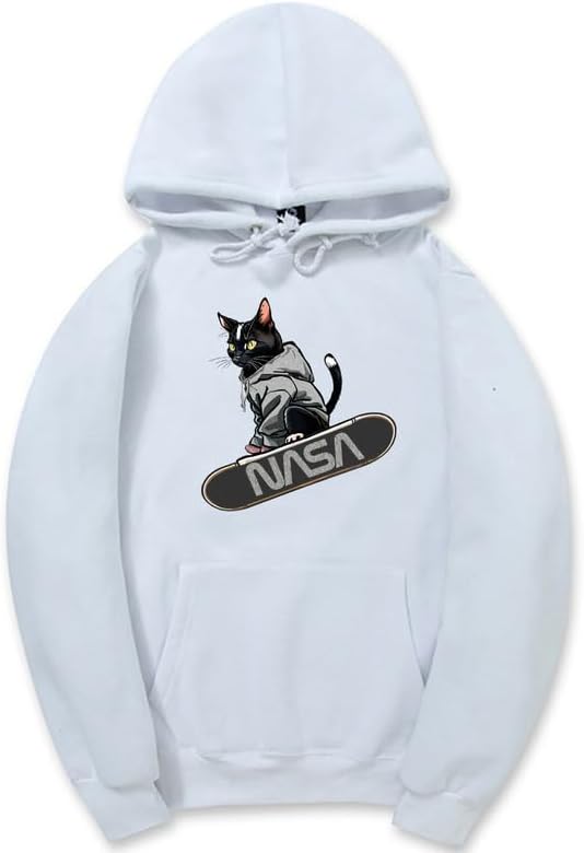 CORIRESHA Adolescente Lindo Gato Skateboarding Sudadera con capucha Casual Manga Larga Cordón Básico NASA Sudadera