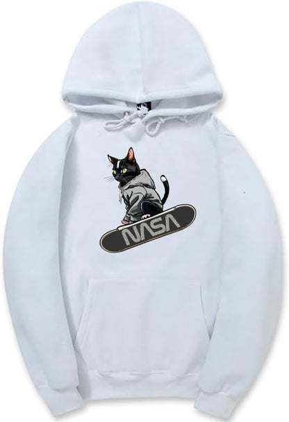 CORIRESHA Adolescente Lindo Gato Skateboarding Sudadera con capucha Casual Manga Larga Cordón Básico NASA Sudadera