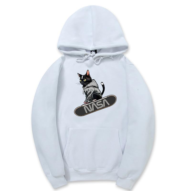 CORIRESHA Adolescente Lindo Gato Skateboarding Sudadera con capucha Casual Manga Larga Cordón Básico NASA Sudadera