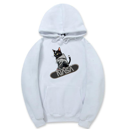 CORIRESHA Adolescente Lindo Gato Skateboarding Sudadera con capucha Casual Manga Larga Cordón Básico NASA Sudadera