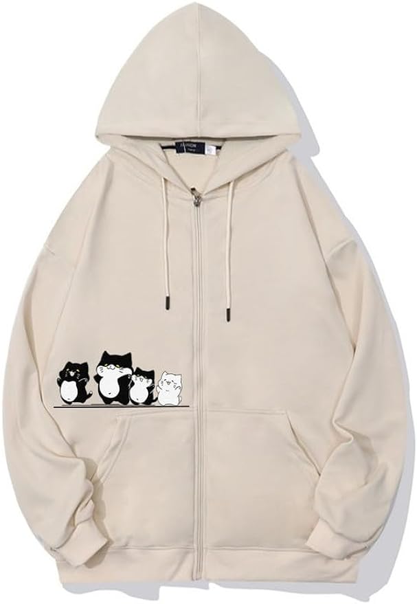 CORIRESHA Cute Cat Hoodie Sweatshirt Long Sleeve Drawstring Fall Zip Jacket