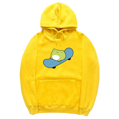 CORIRESHA Sudadera básica con capucha de rana para mujer, manga larga, bolsillo canguro, monopatín