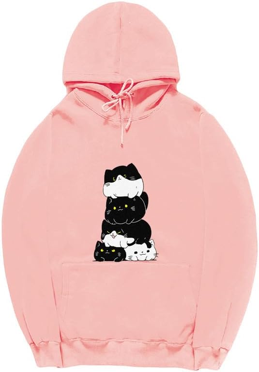 CORIRESHA Teen Cute Cat Long Sleeve Drawstring Kangaroo Pocket Simple Hoodie Sweatshirt