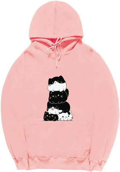 CORIRESHA Teen Cute Cat Long Sleeve Drawstring Kangaroo Pocket Simple Hoodie Sweatshirt