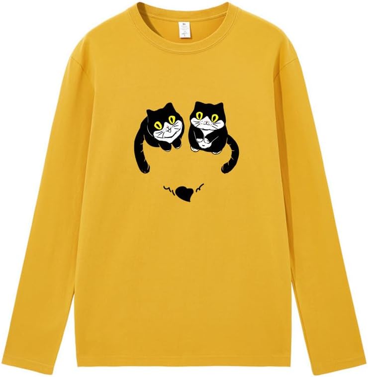 CORIRESHA Women's Teen Cute Cat Crew Neck Long Sleeve Casual Fall Heart T-Shirt