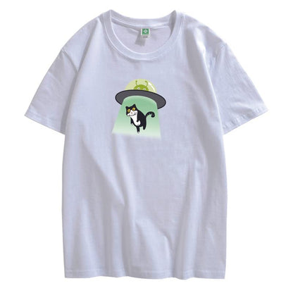 CORIRESHA Alien nave espacial abducción gato vintage unisex divertido espacio camiseta