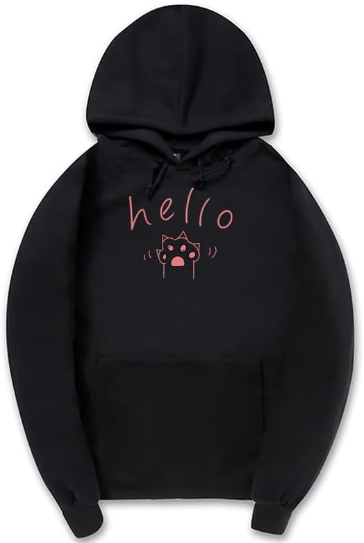 CORIRESHA Cat Paw Graphic Hoodie Drawstring Pocket Kawaii Cute Letter Sweatshirt