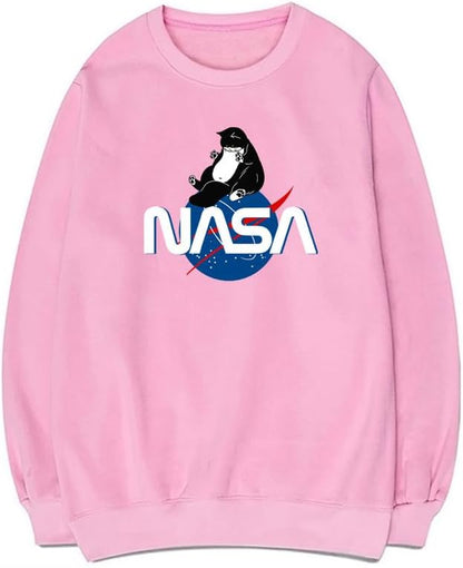 CORIRESHA Fashion NASA Print Crewneck Long Sleeve Casual Cat Lover Sweatshirt