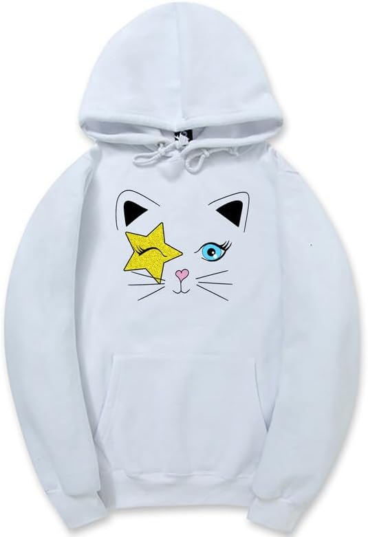 CORIRESHA Cat Lovers Hoodie Long Sleeve Drawstring Stars Teen Y2k Graphic Sweatshirt