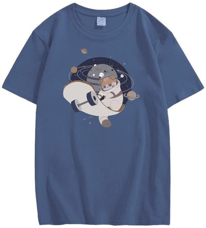 CORIRESHA Teen Cute Cat Skateboard Round Neck Short Sleeve Loose Space T-Shirt
