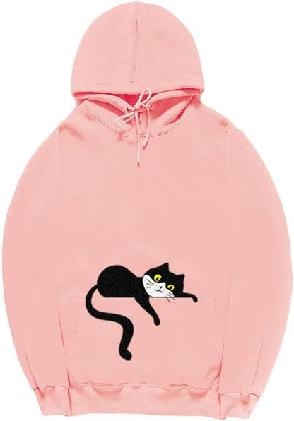 CORIRESHA Unisex Cute Lazy Cat Hoodie Long Sleeve Drawstring Pocket Cotton Sweatshirt