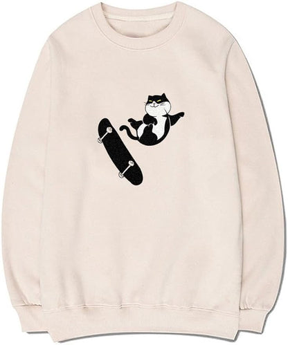 CORIRESHA Teens Cat Lovers Crewneck Long Sleeves Cotton Cute Skateboard Sweatshirts