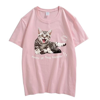 CORIRESHA Adolescente Happy Cat Cuello Redondo Manga Corta Verano Casual Algodón Linda Camiseta