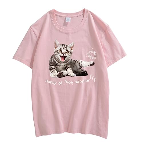 CORIRESHA Adolescente Happy Cat Cuello Redondo Manga Corta Verano Casual Algodón Linda Camiseta