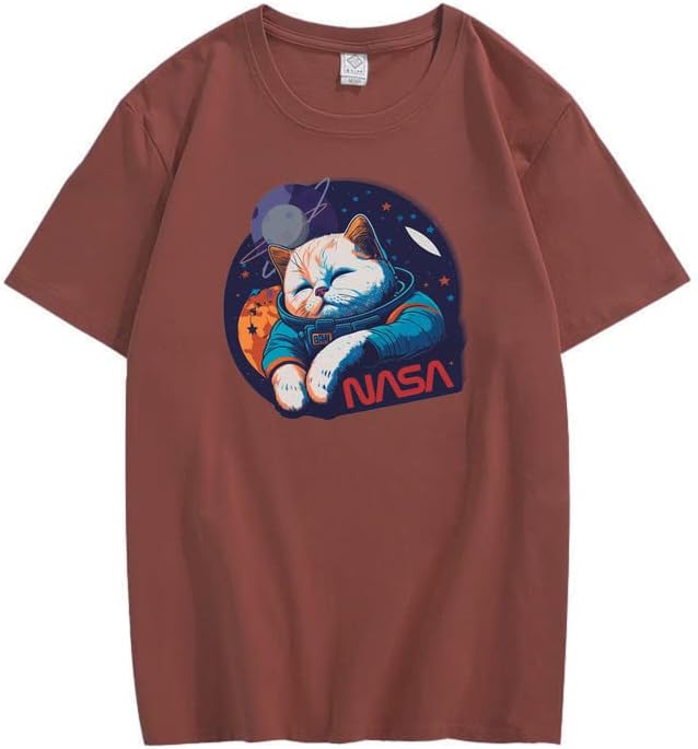 CORIRESHA Camiseta holgada de manga corta con cuello redondo de la NASA y gato lindo para adolescentes