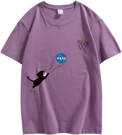 CORIRESHA Teen Cute Cat Crewneck Short Sleeve Summer Casual Basic NASA T-Shirt