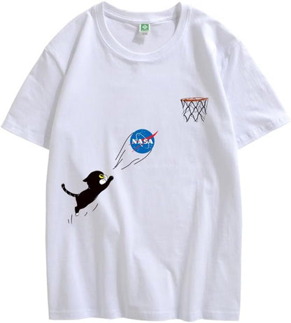 CORIRESHA Adolescente Lindo Gato Cuello Redondo Manga Corta Verano Casual Básico NASA Camiseta