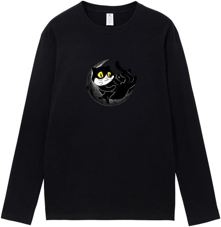 CORIRESHA Teen Fall Funny Cat Moon Crew Neck Long Sleeve Cotton T-Shirt