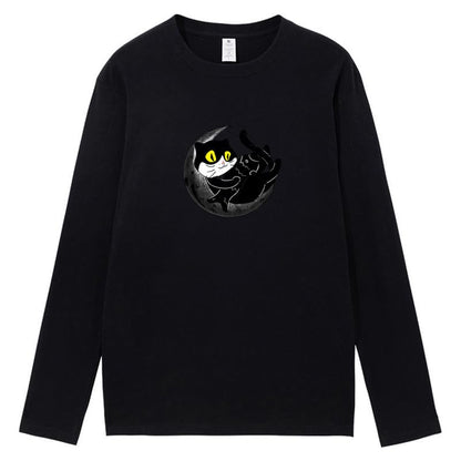 CORIRESHA Teen Fall Funny Cat Moon Crew Neck Long Sleeve Cotton T-Shirt