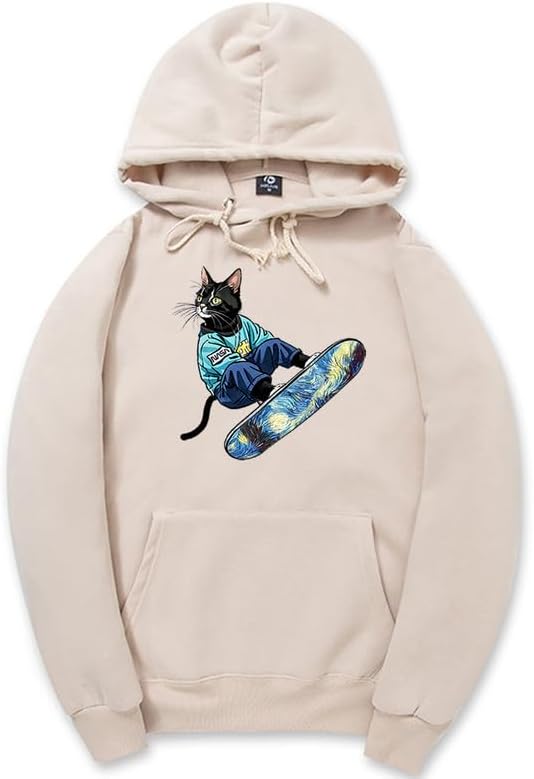 CORIRESHA Unisex Cute Cat Hoodie Casual Long Sleeve Drawstring Basic Skateboarding Sweatshirt