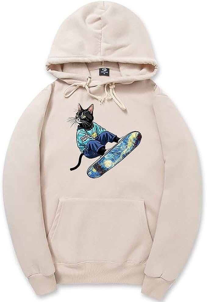 CORIRESHA Sudadera unisex con capucha para gato, informal, de manga larga, con cordón, básica, para monopatín