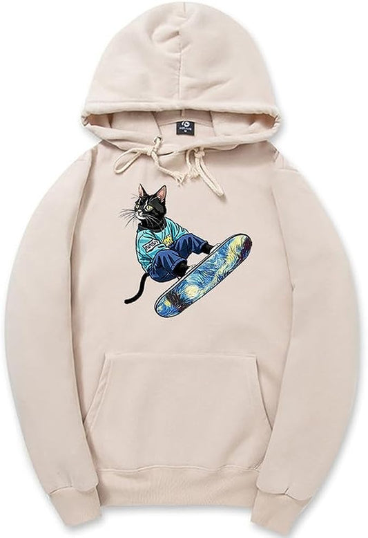 CORIRESHA Sudadera unisex con capucha para gato, informal, de manga larga, con cordón, básica, para monopatín