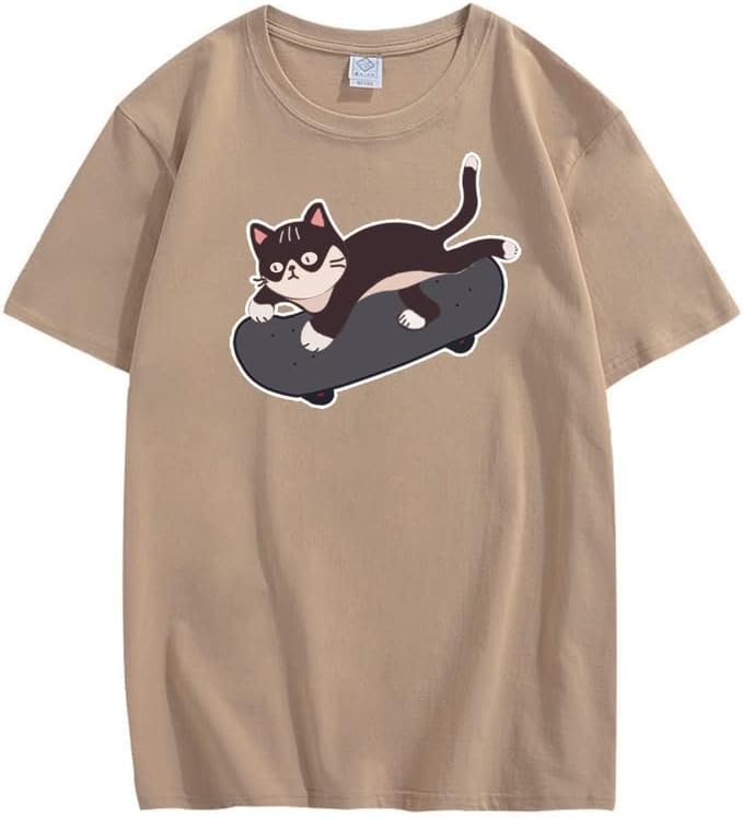 CORIRESHA Lindo monopatín gato gráfico cuello redondo manga corta acogedora camiseta adolescente