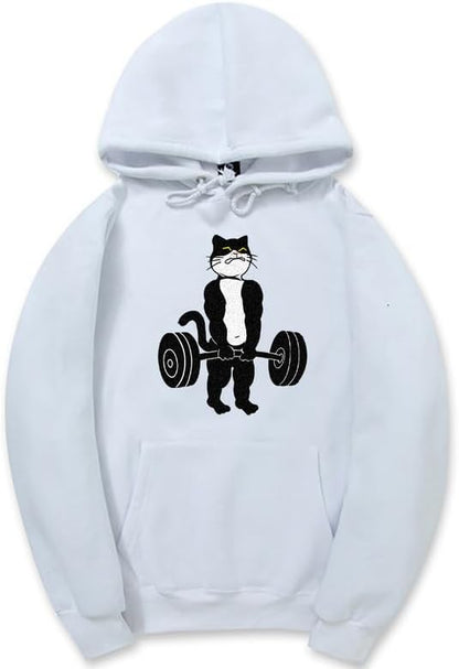 CORIRESHA Unisex Weightlifting Cat Hoodie Long Sleeve Drawstring Kangaroo Pocket Cotton Sweatshirt