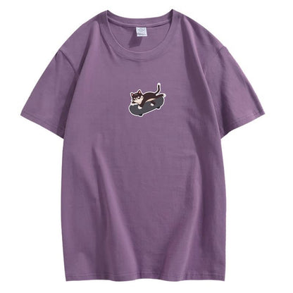 CORIRESHA Unisex Kawaii Ropa Cuello Redondo Manga Corta Lindo Monopatín Gato Camiseta Suelta