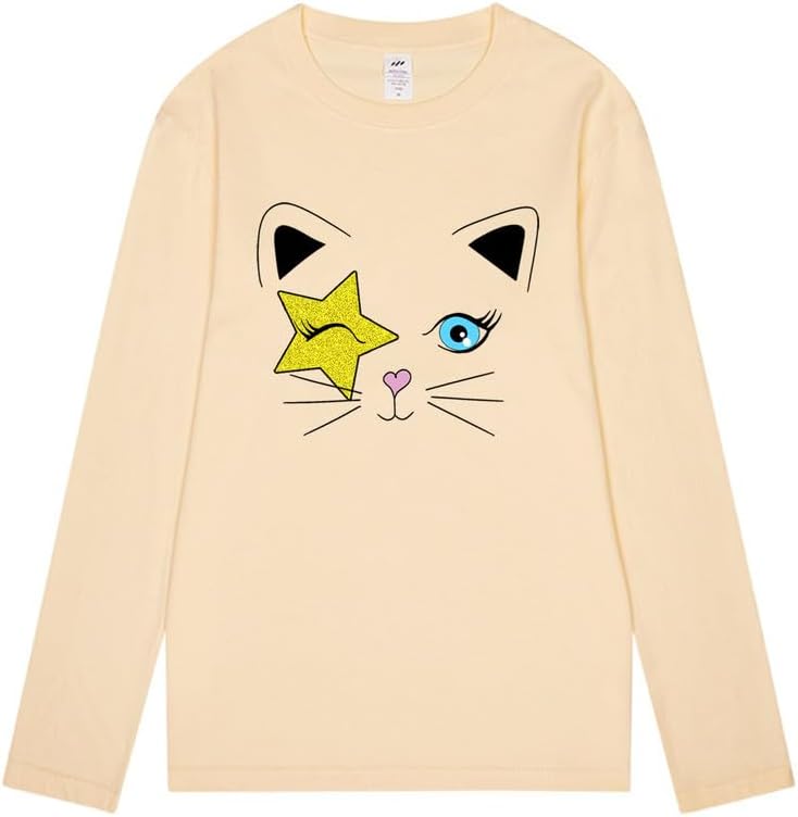 CORIRESHA Teen Y2k Star Graphic Crewneck Long Sleeve Cotton Cat Lover T-Shirt