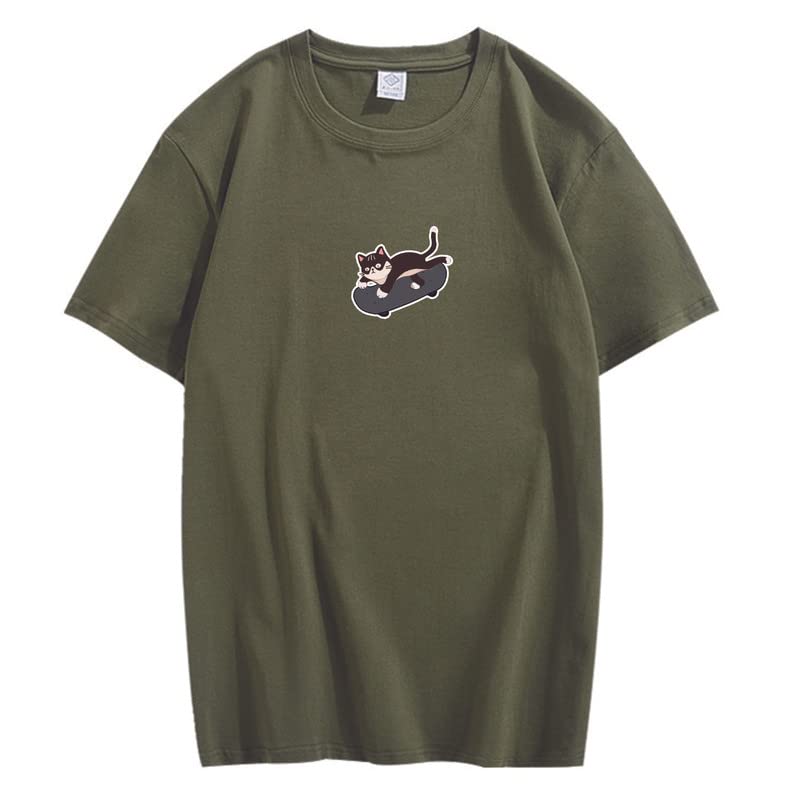 CORIRESHA Unisex Kawaii Ropa Cuello Redondo Manga Corta Lindo Monopatín Gato Camiseta Suelta