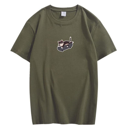CORIRESHA Unisex Kawaii Ropa Cuello Redondo Manga Corta Lindo Monopatín Gato Camiseta Suelta