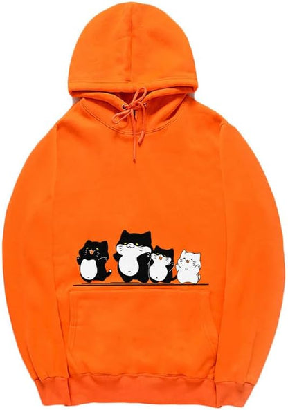 CORIRESHA Cute Cat Hoodie Drawstring Long Sleeve Kangaroo Pocket Simple Sweatshirt