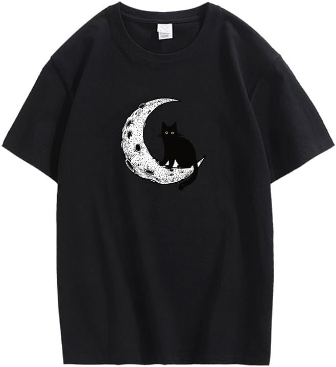 CORIRESHA Camiseta unisex de manga corta con cuello redondo y diseño de gato lunar, informal, de algodón suave
