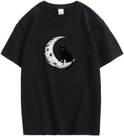 CORIRESHA Camiseta unisex de manga corta con cuello redondo y diseño de gato lunar, informal, de algodón suave