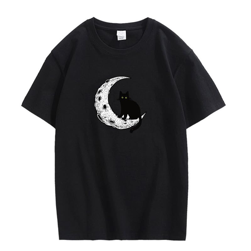 CORIRESHA Camiseta unisex de manga corta con cuello redondo y diseño de gato lunar, informal, de algodón suave