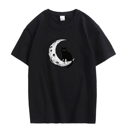 CORIRESHA Camiseta unisex de manga corta con cuello redondo y diseño de gato lunar, informal, de algodón suave