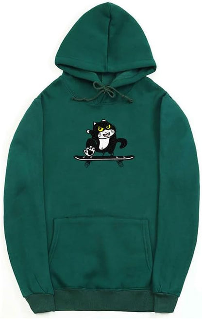 CORIRESHA Cute Cat Skateboard Long Sleeve Drawstring Kangaroo Pocket Hoodie Sweatshirt