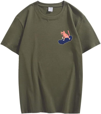 CORIRESHA Camiseta de algodón unisex básica con diseño de gato en monopatín para amantes de los animales