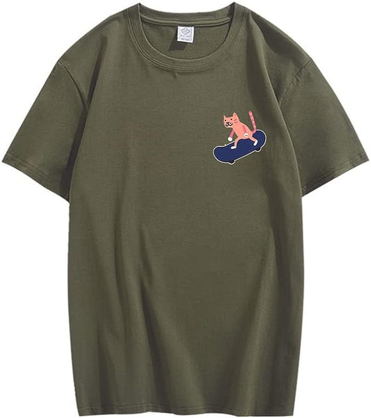 CORIRESHA Camiseta de algodón unisex básica con diseño de gato en monopatín para amantes de los animales