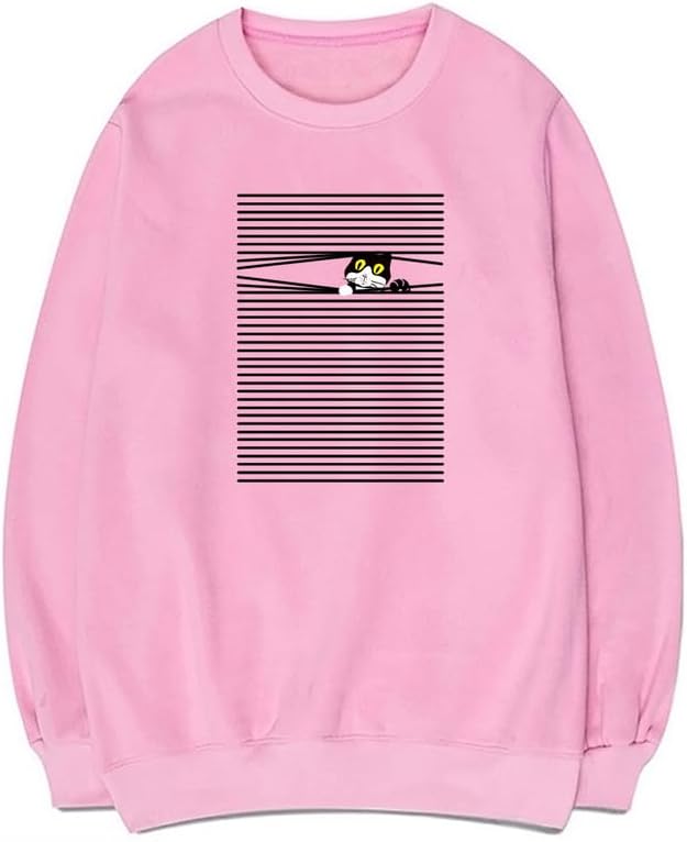 CORIRESHA Funny Cat Sweatshirt Crew Neck Long Sleeve Cotton Casual Striped Pullover