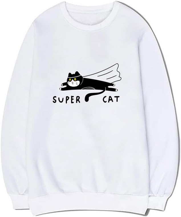 CORIRESHA Teen Funny Running Cat Crew Neck Long Sleeve Soft Cotton Cute Sweatshirt