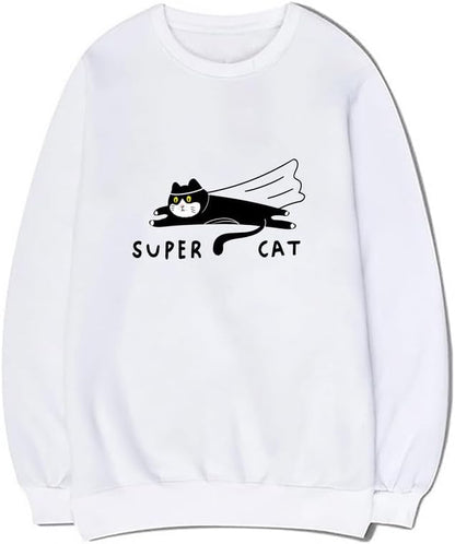 CORIRESHA Teen Funny Running Cat Crew Neck Long Sleeve Soft Cotton Cute Sweatshirt