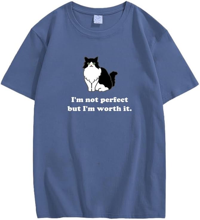 CORIRESHA Camiseta personalizada de algodón suelta casual de manga corta con cuello redondo de gato lindo para mujer