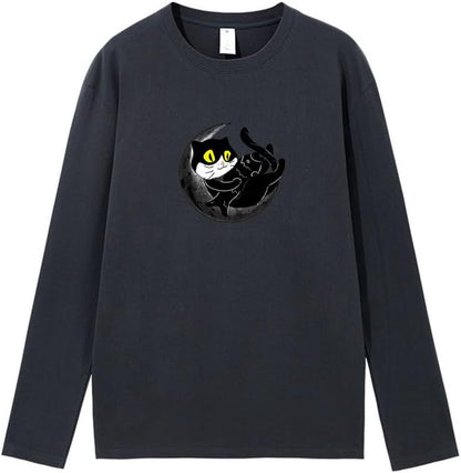 CORIRESHA Teen Fall Funny Cat Moon Crew Neck Long Sleeve Cotton T-Shirt