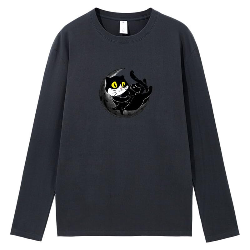 CORIRESHA Teen Fall Funny Cat Moon Crew Neck Long Sleeve Cotton T-Shirt